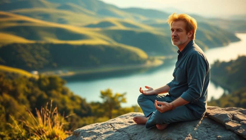 A serene and contemplative outdoor scene featuring Eckhart Tolle, the renowned spiritual teacher, seated in a meditative pose on a rock formation overlooking a tranquil lake or river. Soft natural lighting illuminates his face, creating a warm and introspective atmosphere. The background is a lush, verdant landscape with rolling hills and distant mountains, evoking a sense of peace and connection with the natural world. The overall composition is balanced and harmonious, reflecting the essence of Tolle's teachings on the power of the present moment.