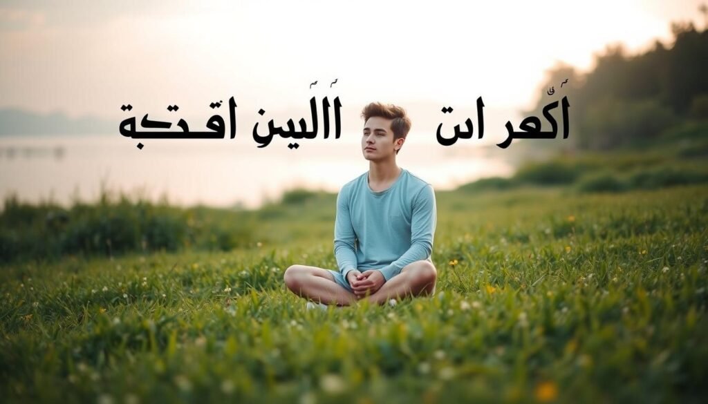 A serene and contemplative scene depicting the concept of "mental health" in Arabic. A person sits cross-legged on a peaceful meadow, surrounded by lush greenery and a soft, diffused light. Their expression is one of introspection and calmness, conveying a sense of self-acceptance and inner balance. The background features a tranquil body of water reflecting the sky, creating a calming and introspective atmosphere. The overall composition emphasizes the importance of self-care, mindfulness, and the journey towards improved self-esteem and confidence.