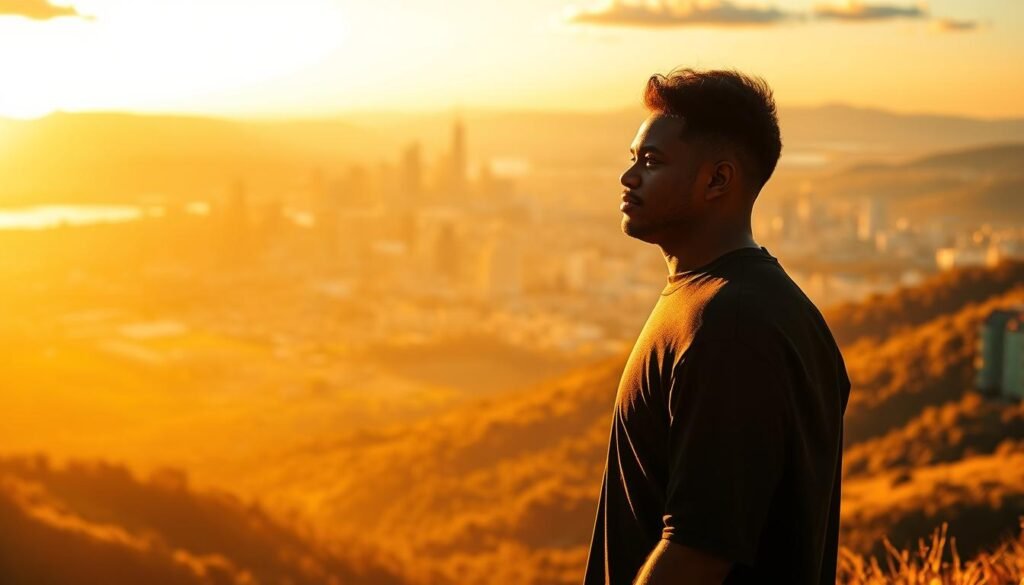 A serene and inspirational landscape, bathed in warm, golden sunlight. In the foreground, a person stands tall, their silhouette a symbol of resilience and inner strength. In the middle ground, a bustling city skyline, representing the journey from hardship to financial prosperity. In the distance, a horizon filled with vibrant hues, signifying the boundless possibilities that await. The composition is balanced, creating a sense of harmony and hope. The lighting is soft and directional, highlighting the subject's determined expression. The overall mood is one of optimism, inviting the viewer to imagine their own path to transformative change.