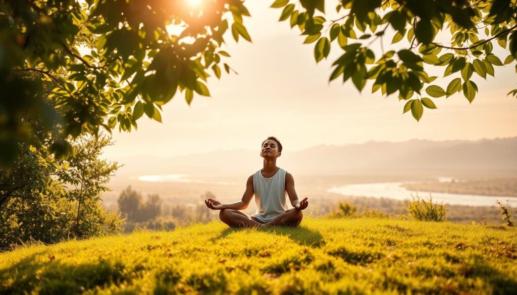 A serene and introspective scene depicting the concept of mental health. A person sits cross-legged on a grassy knoll, eyes closed in peaceful meditation, surrounded by lush foliage and a calming sky. Warm, soft lighting filters through the leaves, creating a tranquil, nurturing atmosphere. The figure's posture and expression convey a sense of self-awareness, inner balance, and mental clarity. In the background, a flowing river symbolizes the ebb and flow of emotions, while distant mountains represent the journey towards emotional and psychological well-being. The overall composition evokes a sense of harmony, mindfulness, and the importance of self-care in maintaining mental health.