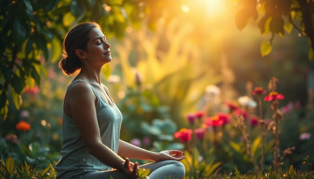 A serene and introspective scene depicting the concept of self-love. In the foreground, a person sits in a meditative pose, their eyes closed and expression peaceful, radiating an aura of self-acceptance and inner harmony. The middle ground features a lush, verdant garden with vibrant flowers and plants, symbolizing the nurturing and growth that comes from self-care. In the background, a warm, golden light filters through the leaves, creating a calming, ethereal atmosphere that invites the viewer to reflect on their own journey of self-discovery and self-appreciation. The overall composition and lighting evoke a sense of tranquility, self-empowerment, and the importance of cultivating a healthy relationship with oneself.