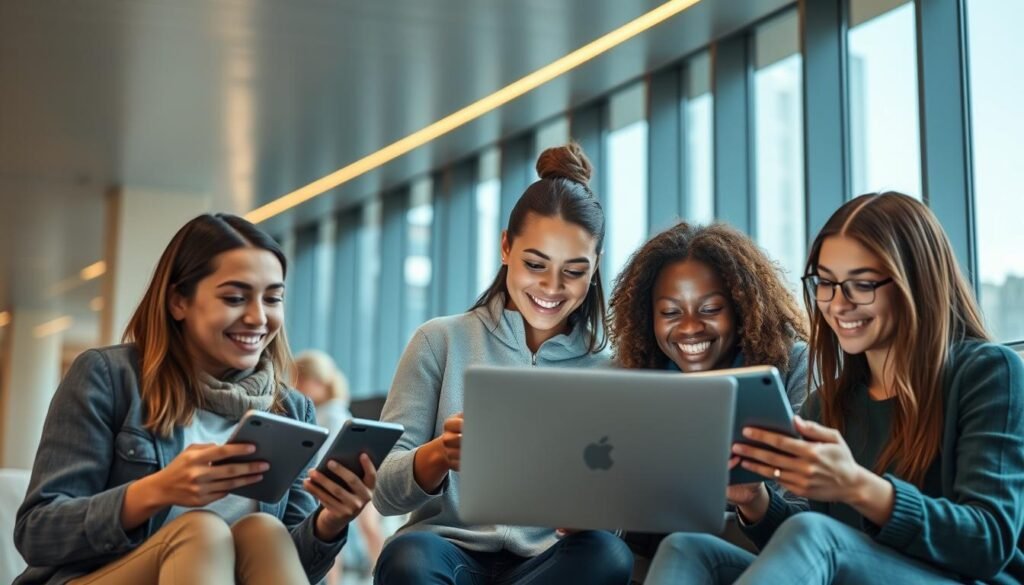 A serene and modern online learning environment, featuring a group of diverse students collaborating on digital devices against a backdrop of sleek, minimalist architecture. Warm, natural lighting illuminates the scene, creating a sense of focus and productivity. The students' expressions convey a mix of engagement, curiosity, and enthusiasm, reflecting the benefits of e-learning's flexibility, accessibility, and personalized approach. The overall composition highlights the advantages of 2U GetSmarter's online courses - convenience, interactivity, and the fostering of a vibrant, connected learning community. A serene and modern online learning environment, featuring a group of diverse students collaborating on digital devices against a backdrop of sleek, minimalist architecture. Warm, natural lighting illuminates the scene, creating a sense of focus and productivity. The students' expressions convey a mix of engagement, curiosity, and enthusiasm, reflecting the benefits of e-learning's flexibility, accessibility, and personalized approach. The overall composition highlights the advantages of 2U GetSmarter's online courses - convenience, interactivity, and the fostering of a vibrant, connected learning community.