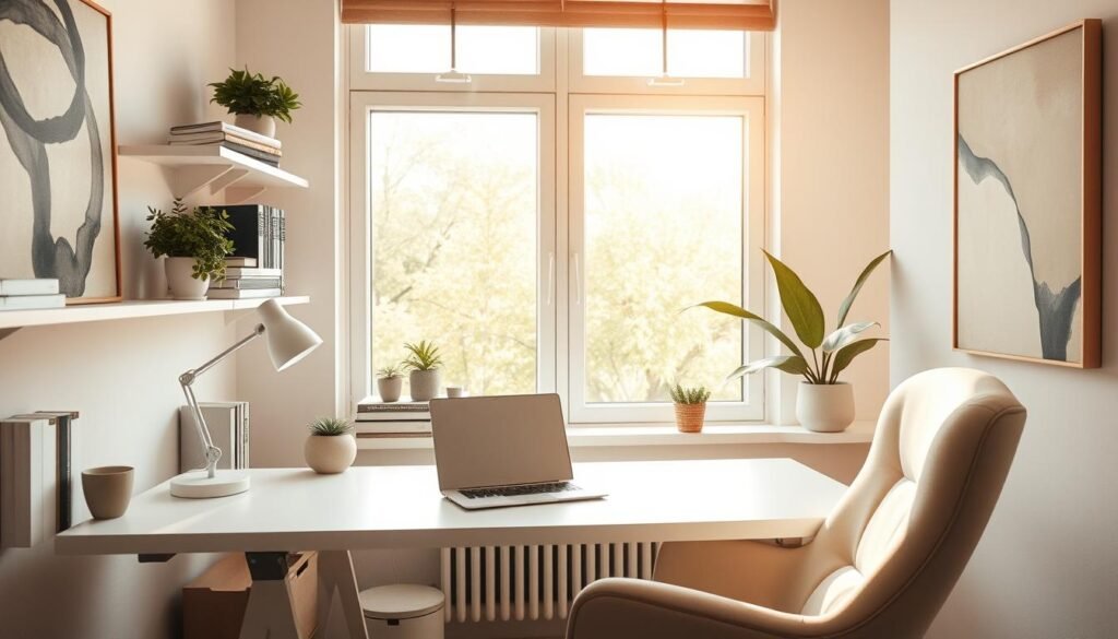 A serene and organized home office, flooded with warm, natural light from large windows. The desk is clear of clutter, with a single laptop, a minimalist desk lamp, and a mug of steaming tea. On the shelves, carefully curated books and plants create a sense of balance and tranquility. The walls are adorned with abstract art in muted tones, evoking a calming atmosphere. A plush, ergonomic chair invites the viewer to sit and focus, unencumbered by distractions. The overall composition conveys a state of effortless productivity, where the mind is free to create and accomplish tasks without the burden of stress.