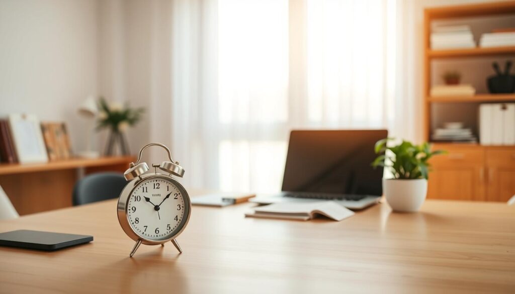 A serene and organized workspace with a minimalist aesthetic. In the foreground, a tasteful desk showcases an elegant analog clock, symbolic of time management. The middle ground features a laptop, some neatly arranged stationery, and a potted plant, conveying a sense of productivity and focus. The background depicts a warm, natural-lit room with clean lines and calming colors, creating an atmosphere of mindfulness and tranquility. The overall scene reflects an intentional, disciplined approach to time optimization and personal growth.