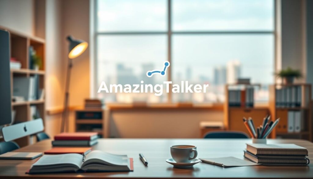 A serene and well-lit classroom setting, with a warm, inviting atmosphere. In the foreground, a desktop computer and various study materials such as books, stationery, and a cup of coffee. In the middle ground, a stylized illustration of the "AmazingTalker" logo, conveying the online teaching platform. The background features a soft, blurred cityscape or nature scene, creating a sense of tranquility and focus. The overall composition should inspire confidence, productivity, and the successful practice of online teaching.