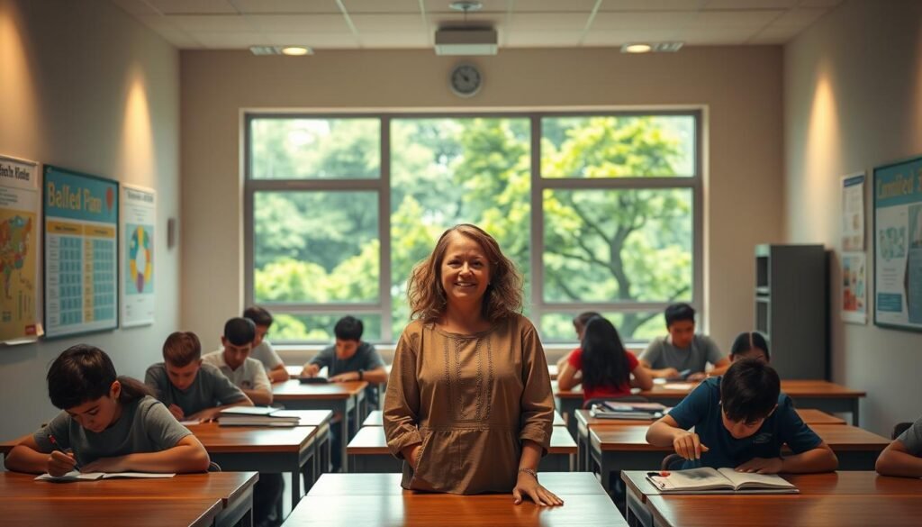 A serene classroom setting, with students engrossed in their studies. The walls are adorned with vibrant educational posters, fostering a stimulating learning environment. Soft, warm lighting illuminates the scene, creating a sense of focus and contemplation. In the foreground, a teacher stands, their expression calm and encouraging, guiding the students with a nurturing presence. The middle ground features desks arranged in a semicircle, promoting collaborative learning and open dialogue. In the background, a large window overlooking a lush, verdant landscape, symbolizing the boundless potential of the mind. The overall atmosphere exudes a sense of growth, curiosity, and the transformative power of education, reflecting the interconnectedness of mindset and academic achievement.