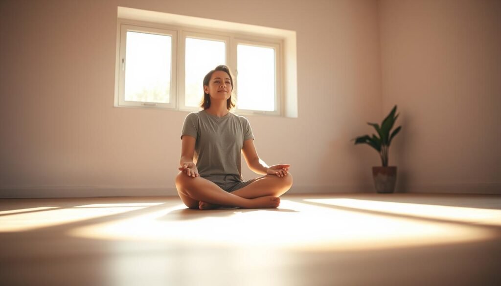 A serene, contemplative scene of a person sitting cross-legged in a tranquil, minimalist indoor setting, basking in the warm, soft light filtering through large windows. The individual appears at peace, radiating self-acceptance and inner harmony. The composition is balanced, with clean lines and a sense of spaciousness, conveying the simplicity and clarity of self-love. Subtle details, such as a potted plant or a soothing color palette, further enhance the calming atmosphere. The overall mood is one of introspection, self-reflection, and the embracing of one's authentic self.