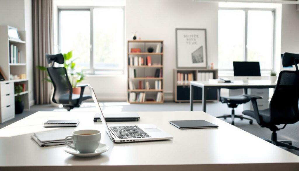 A serene, contemporary office environment with ergonomic furniture and natural light streaming through large windows. In the foreground, a clean, uncluttered desk features a laptop, a cup of coffee, and a few carefully arranged office supplies. In the middle ground, a bookshelf displays a mix of business books and inspirational items, hinting at the pursuit of knowledge and growth. The background showcases a minimalist art piece on the wall, creating a sense of calm and focus. The overall atmosphere is one of productivity, creativity, and a balanced approach to nurturing an entrepreneurial spirit.