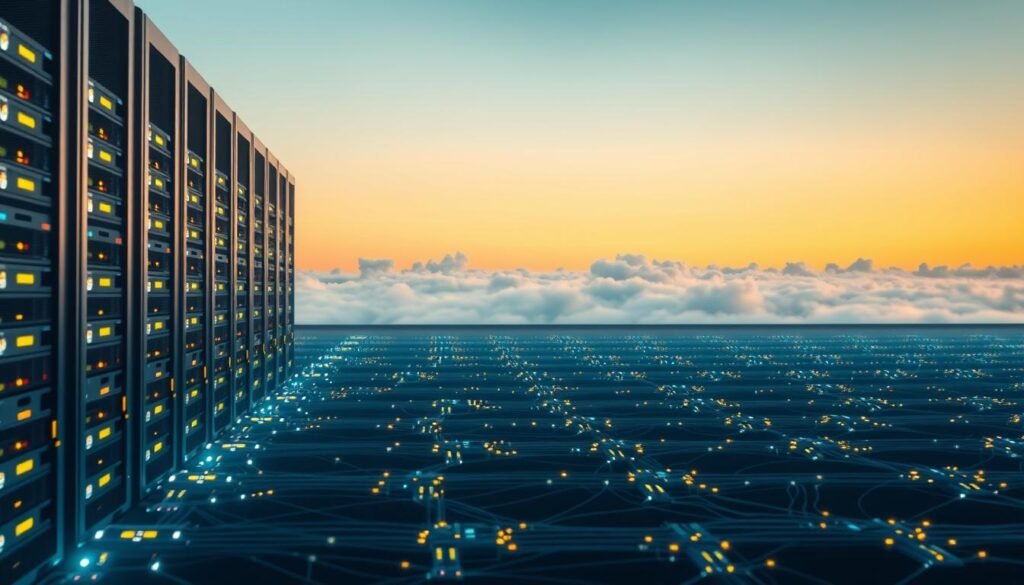 A serene digital landscape showcasing the stability and reliability of web hosting services. In the foreground, a network of interconnected servers hum with unwavering efficiency, their bright LEDs casting a warm glow. Behind them, a sleek data center unfolds, its steel-framed architecture bathed in soft, diffused lighting that creates a sense of order and professionalism. In the distance, a horizon of cloud formations symbolizes the seamless integration of cloud-based technologies, suggesting the uninterrupted uptime and resilience of the hosting infrastructure. The overall composition conveys a harmonious balance of power, resilience, and technical sophistication, reflecting the reliable performance and stability of the web hosting services.