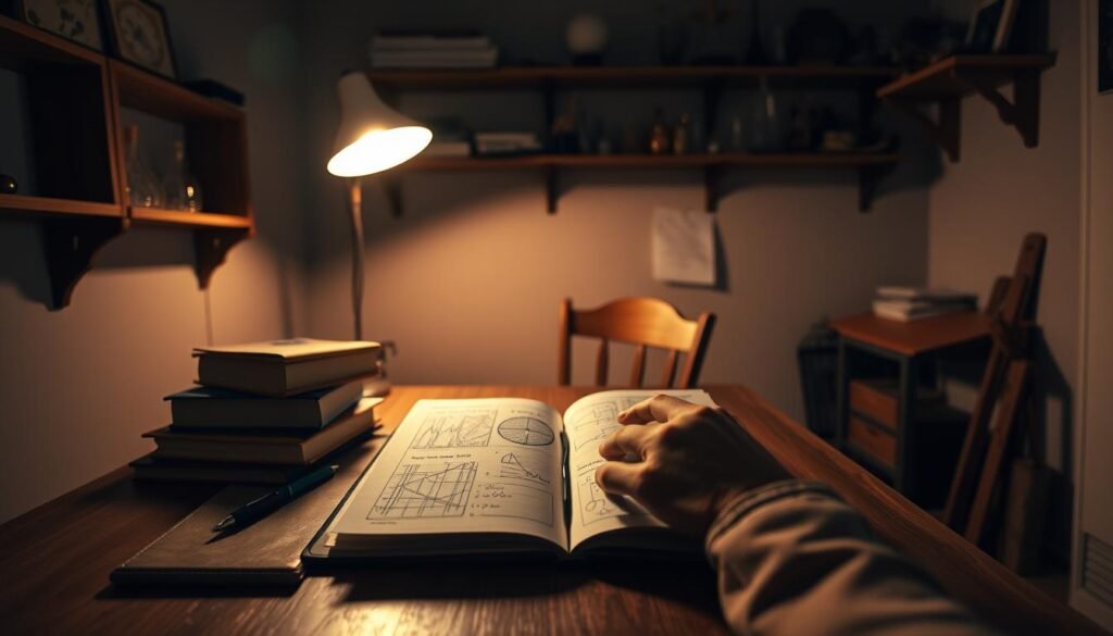 A serene, dimly-lit room with a wooden desk and chair. On the desk, a stack of books, a pen, and a notebook lie open, revealing intricate diagrams and equations. The walls are adorned with shelves displaying various scientific instruments and tools. Soft, warm lighting from a desk lamp casts a focused glow on the workspace, emphasizing the intellectual and contemplative atmosphere. In the foreground, a person's hands are positioned over the notebook, suggesting deep concentration and the search for practical solutions to complex problems. The overall scene conveys a sense of problem-solving, critical thinking, and the pursuit of knowledge.