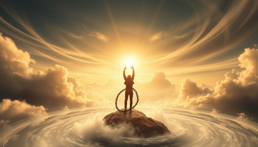 A serene, ethereal landscape where a person breaks free from self-imposed shackles, rising above a swirling vortex of negative thoughts and emotions. Dramatic lighting casts a warm, hopeful glow, illuminating the figure's determination as they cut through the bonds, symbolizing the triumph over self-sabotage. Wispy clouds and a painterly sky create a sense of tranquility and newfound clarity. The composition draws the viewer's eye upwards, conveying a sense of liberation and personal growth. Subtle textures and a muted color palette evoke a contemplative, introspective mood.