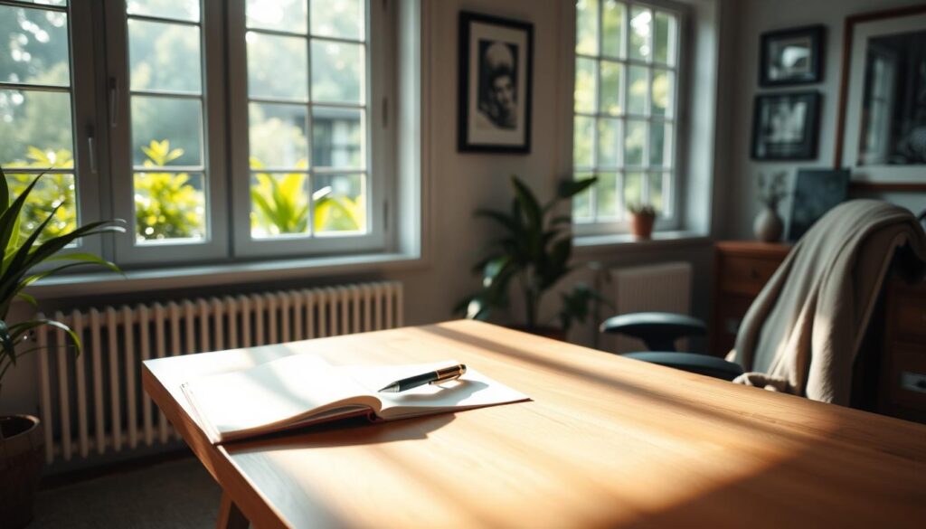A serene home office setting, illuminated by soft, diffused natural light streaming through large windows. On the desk, an open notebook and a pen, symbolizing the act of reflection and personal growth. In the background, a lush, verdant garden visible through the windows, conveying a sense of rejuvenation and long-term fulfillment. The walls are adorned with framed artwork, hinting at the individual's pursuit of creative passions. An ergonomic chair and a cozy throw blanket suggest a comfortable, contemplative environment. The overall atmosphere exudes a palpable sense of calm and inner peace, capturing the essence of the long-term benefits of saying no and prioritizing one's well-being.