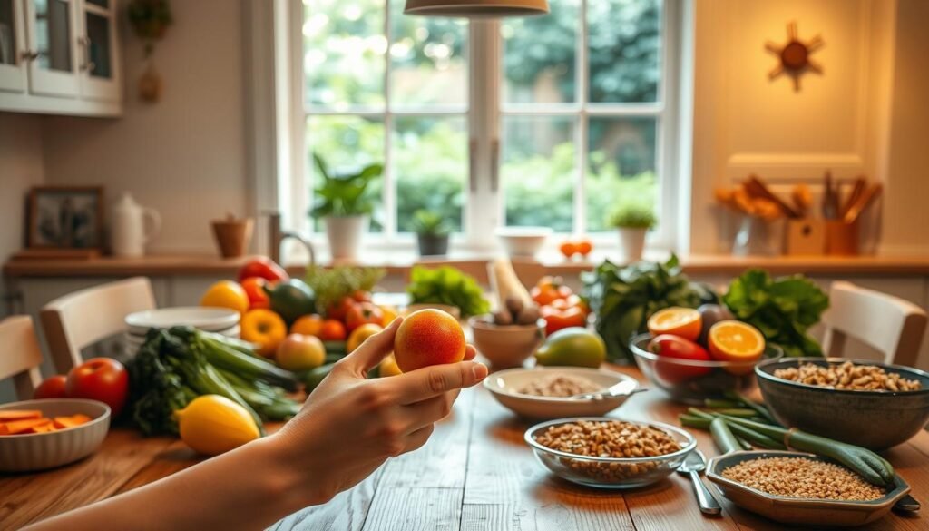 A serene kitchen table set with a variety of fresh, colorful fruits, vegetables, and whole grains. Warm, diffused lighting illuminates the scene, creating a calming and inviting atmosphere. In the foreground, a pair of hands gently hold a single piece of fruit, the fingertips caressing its surface with mindful attention. The middle ground features an assortment of plates, bowls, and utensils, suggesting a thoughtful, unhurried meal. In the background, a window overlooks a lush, verdant garden, hinting at the connection between mindful eating and the natural world. This image conveys the essence of a balanced, intentional approach to nourishing the body and mind.