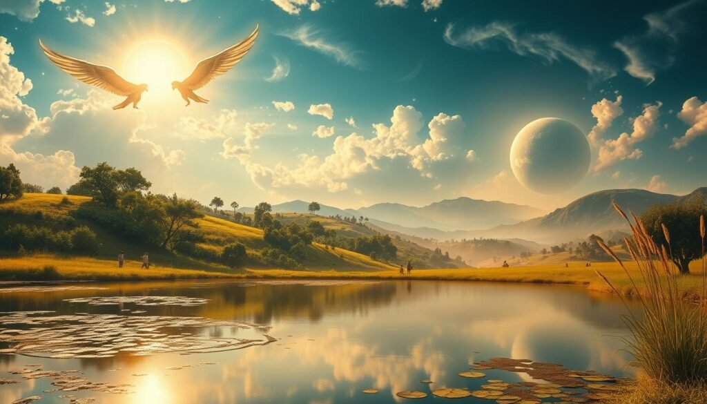A serene landscape depicting the "Three Worlds" (Al-Awaalem Al-Thalatha), a conceptual representation of the Islamic metaphysical worldview. In the foreground, a tranquil pond reflects the heavenly realm above, with luminous celestial bodies and angelic figures. The middle ground showcases the mortal world, a verdant paradise-like setting filled with lush vegetation and peaceful inhabitants. In the distant background, the realm of the unseen (Aalam Al-Ghayb) looms, a mysterious and ethereal dimension, hinted at by swirling mists and ethereal energy. The scene is bathed in a warm, golden light, conveying a sense of spiritual enlightenment and the harmony between the physical and metaphysical realms. Realistic, highly detailed, oil painting style, cinematic composition.