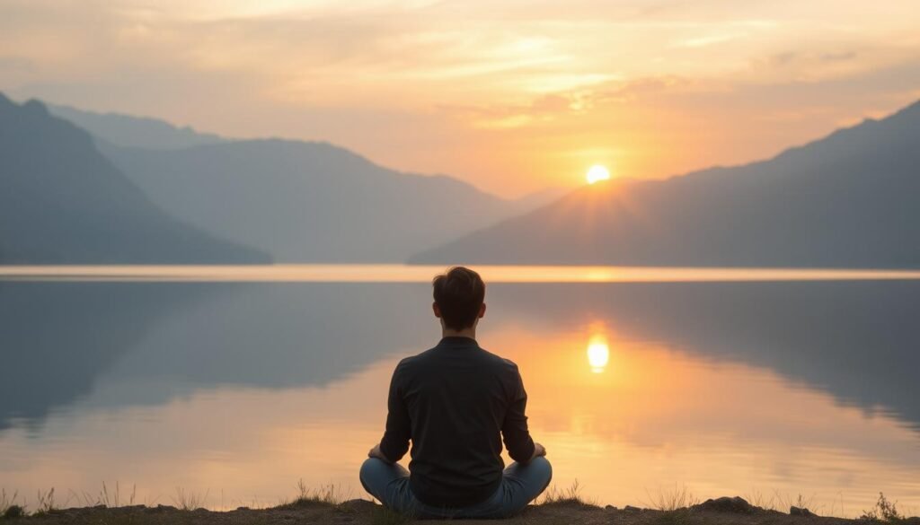 A serene landscape where the past and present coexist in harmony. In the foreground, a figure sits peacefully, eyes closed, as they reconcile with their memories. The middle ground features a tranquil lake, its mirrored surface reflecting the surrounding mountains and sky, symbolizing the inner calm. In the background, a golden sunset casts a warm, healing glow, illuminating the path towards self-acceptance. Soft, diffused lighting creates a dreamlike, contemplative atmosphere, inviting the viewer to join in the journey of self-discovery and healing.
