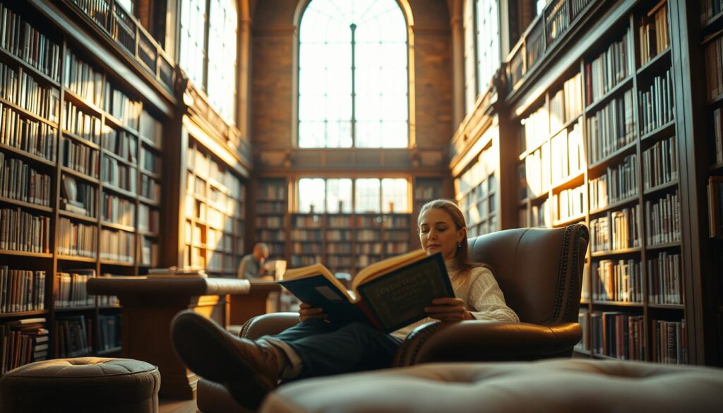 A serene library interior with books lining the walls, bathed in warm, golden light from large windows. A person sitting comfortably in an armchair, engrossed in a book, their expression peaceful and relaxed. Soft, cozy textures like leather and plush fabrics create an inviting, stress-relieving ambiance. The scene is captured with a wide-angle lens, giving a sense of depth and tranquility. The overall mood is one of calm contemplation, where the act of reading transports the viewer to a state of mental well-being.