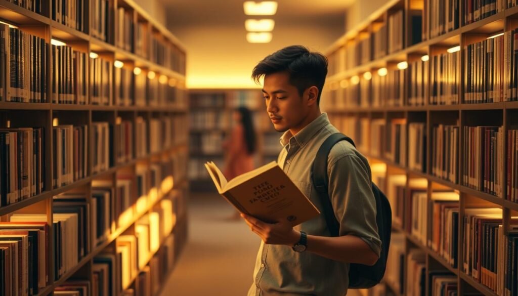 A serene library interior with rows of bookshelves lining the walls, bathed in warm, golden lighting. A person, in casual attire, stands in the center, contemplating a book in hand, their face reflecting a thoughtful expression. The shelves are well-organized, with books of various sizes, colors, and genres, suggesting a curated collection. The space feels cozy and inviting, encouraging exploration and discovery. Soft shadows and highlights create depth and a sense of balance, drawing the viewer's attention to the person making a considered book selection.