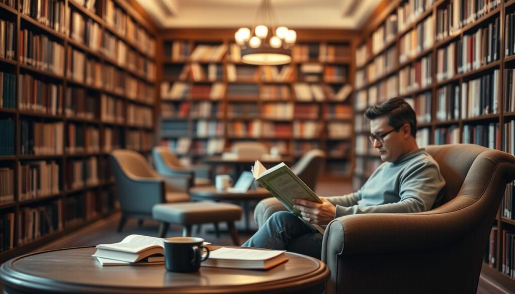 A serene library scene with bookshelves lining the walls, subdued lighting casting a warm glow. In the foreground, a person sits comfortably in an armchair, intently reading a book, their expression focused and engaged. The middle ground features a wooden table with a few other books and a cup of coffee, creating a cozy study nook. The background blurs softly, hinting at the larger library space, its grandeur and the wealth of knowledge it contains. The overall atmosphere is one of quiet contemplation and the joy of learning, inviting the viewer to immerse themselves in the act of effective reading.
