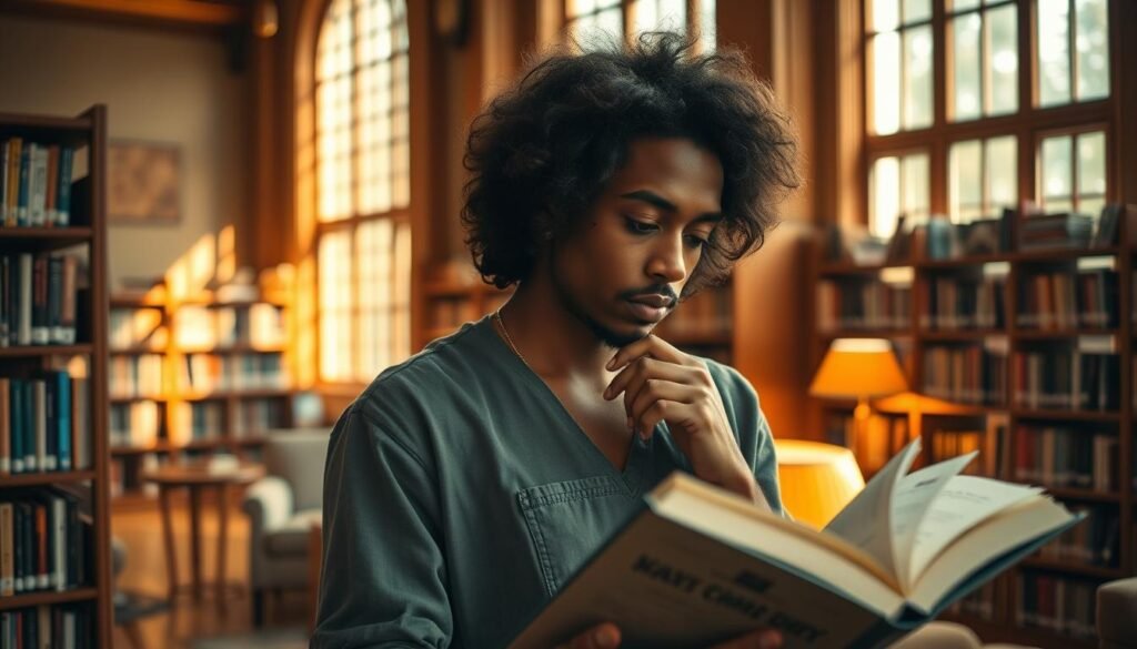 A serene library setting with warm, natural lighting filtering through large windows. In the foreground, a person thoughtfully examining a selection of books, their expression contemplative as they carefully consider which one to choose. The middle ground features neatly organized bookshelves, their spines hinting at the wealth of knowledge they contain. The background depicts a cozy, inviting atmosphere, with subtle details like a comfortable reading chair and a small side table, encouraging a sense of tranquility and focus. The overall scene conveys the importance of selecting the right book, a decision that can profoundly impact one's journey of discovery and learning.