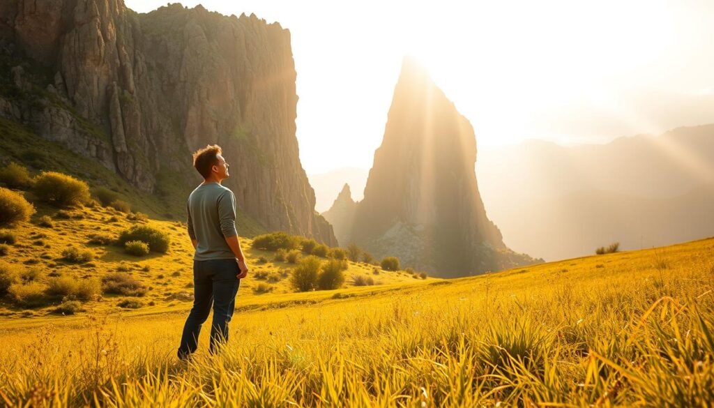 A serene meadow bathed in warm, golden light. In the foreground, a person stands tall, their expression one of determination and hope. Rays of light seem to emanate from them, symbolizing the breaking free from financial limitations. In the middle ground, a towering cliff face crumbles, representing the destruction of barriers and obstacles. The background depicts a vast, open sky, suggesting a limitless horizon of possibilities. The overall atmosphere is one of triumph, empowerment, and a sense of new beginnings.