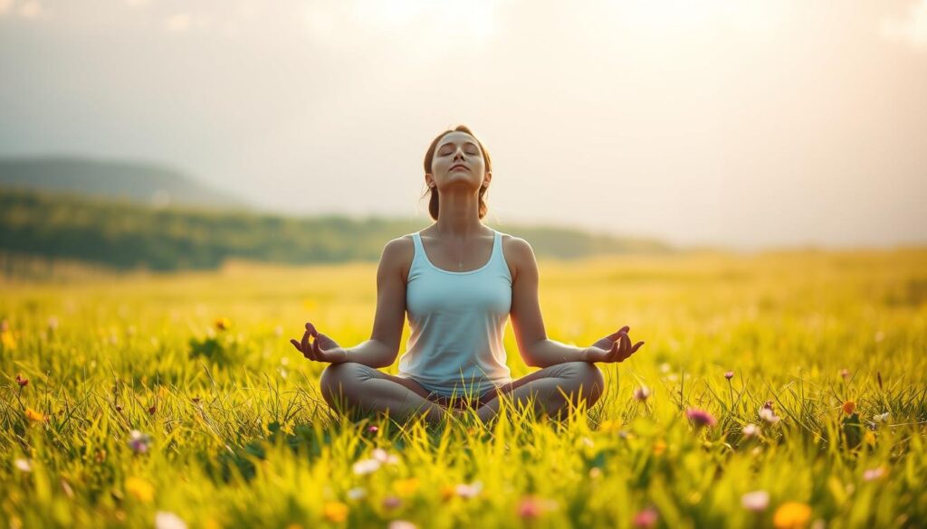 A serene, meditative figure sits cross-legged in a sun-dappled meadow, eyes closed in deep contemplation. The soft, warm light filters through wispy clouds, casting a gentle glow on the scene. The figure's posture exudes a sense of calm and introspection, symbolizing the inner journey of self-awareness that leads to greater confidence. The verdant grass and colorful wildflowers in the foreground create a harmonious, natural setting, while the soft, blurred background suggests a peaceful, expansive landscape. The overall mood is one of tranquility, self-reflection, and the empowering journey of becoming more confident through self-awareness.
