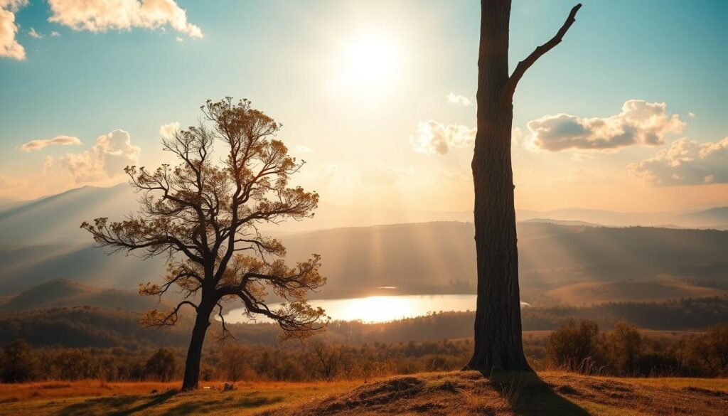 A serene, meditative landscape at golden hour. In the foreground, a single, weathered tree stands tall, its branches reaching skyward. Rays of warm, soft light filter through the leaves, casting a gentle glow over the scene. In the middle ground, a tranquil pond reflects the azure sky and fluffy white clouds above. In the distance, rolling hills fade into the horizon, hazy and dreamlike. The overall atmosphere is one of stillness, calm, and a sense of timelessness - inviting the viewer to be present in the moment and connect with the power of the now.