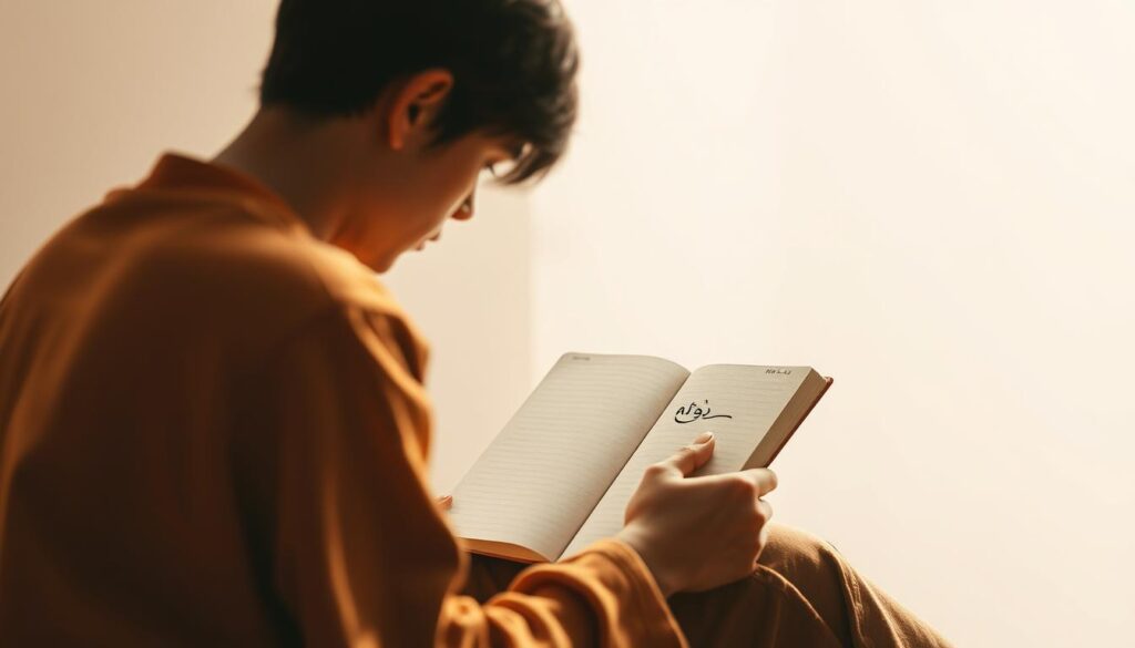 A serene, minimalist composition depicting the act of setting personal goals. In the foreground, a person sits in deep contemplation, their gaze fixed on a simple notebook with elegant calligraphy of "تحديد الأهداف" scrawled across the page. The figure is rendered in warm, earthy tones, conveying a sense of focus and determination. The background is a soft, hazy gradient, creating a sense of depth and emphasis on the central subject. Soft, natural lighting casts a gentle glow, lending an air of tranquility to the scene. The overall mood is one of clarity, introspection, and the first steps towards achieving personal success.