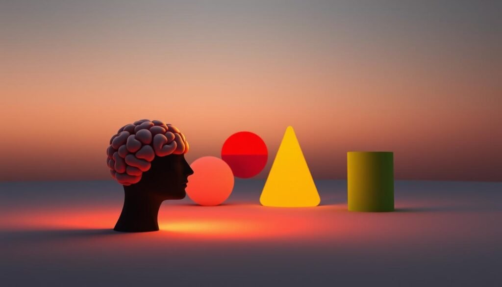 A serene, minimalist composition showcasing the four quadrants of the HBDI assessment, each represented by a distinct color and visual metaphor. In the foreground, a stylized brain in profile serves as the central focus, its four lobes illuminated by warm, diffused lighting. The middle ground features four abstract shapes - a cube, a sphere, a pyramid, and a cylinder - in vibrant hues of blue, red, yellow, and green, symbolizing the four thinking styles. The background is a tranquil, dusky gradient, evoking a contemplative atmosphere conducive to personal development and self-discovery.