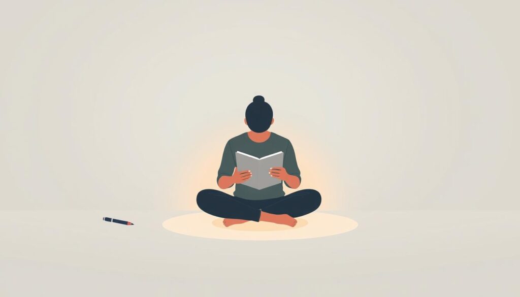 A serene, minimalist illustration of personal planning. In the foreground, a person sits cross-legged, focused on a simple planner or notebook, surrounded by a soft, warm glow. The middle ground features a few essential planning tools - a pen, highlighter, and sticky notes. The background is a clean, neutral space, allowing the central elements to take center stage. The overall composition conveys a sense of thoughtfulness, organization, and personal growth, with a muted color palette and natural lighting to enhance the meditative atmosphere.