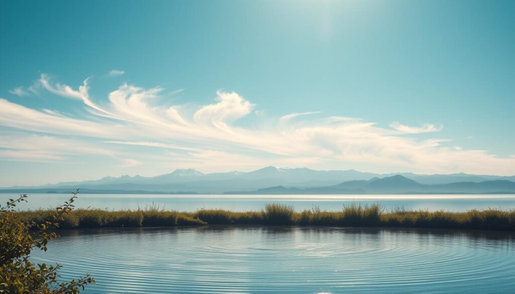 A serene, minimalist landscape with inspirational quotes about change floating in the air, gracefully illuminated by soft, diffused natural lighting. The foreground features a tranquil, rippling pond reflecting the sky above, with lush, verdant foliage along the water's edge. In the middle ground, wisps of wispy clouds drift across a clear, azure sky, while the background is dotted with majestic, snow-capped mountains silhouetted against the horizon. The overall mood is one of calm, contemplation, and the transformative power of change.