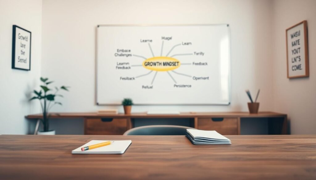 A serene, minimalist workspace with a growth mindset visualization. In the foreground, a wooden desk with a single pencil, a journal, and a plant. Behind it, a large whiteboard displays a colorful mind map with concepts like "Embrace Challenges", "Learn from Feedback", and "Persistence". The background features a warm, natural-lit room with clean, airy walls and framed inspirational quotes. Soft, diffused lighting casts a contemplative atmosphere, encouraging focused exploration and learning. The overall composition aims to embody strategies for cultivating a growth mindset - one of openness, continuous improvement, and resilience.
