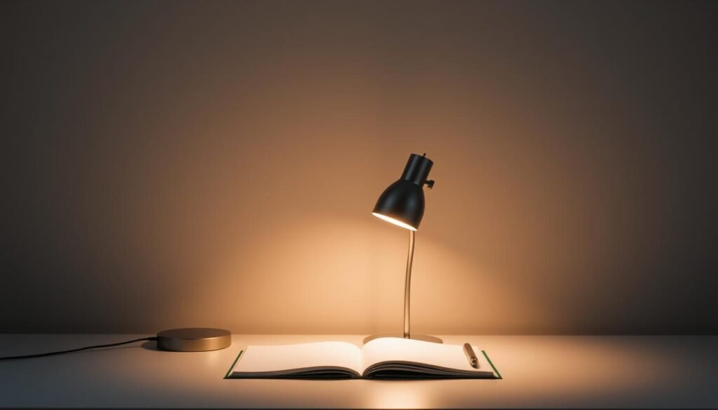 A serene, minimalist workspace with a single, well-crafted desk lamp illuminating a neatly arranged tabletop. The lamp's warm glow casts a soft, introspective light, emphasizing the importance of focus and attention to detail. The background is a muted, neutral palette, allowing the highlighted object to take center stage. The composition is balanced, with a sense of harmony and purposefulness, conveying the idea that quality over quantity is the key to true productivity and efficiency.