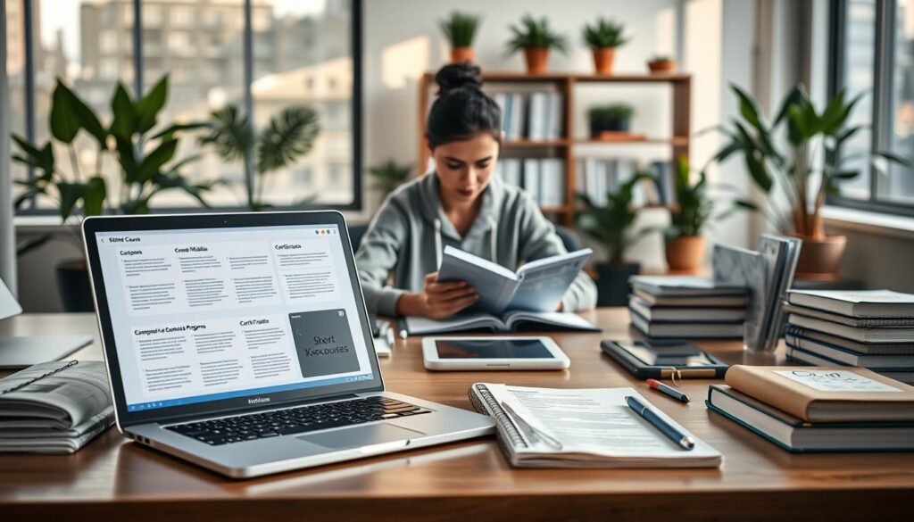 A serene, modern workspace with a large desk showcasing various online course materials. In the foreground, a laptop displays course modules and certification programs, surrounded by neatly organized textbooks, tablets, and stationery. The middle ground features a person intently studying, their face illuminated by the soft, natural lighting filtering through large windows. In the background, a bookshelf and potted plants create a tranquil, professional atmosphere. The overall scene conveys a sense of focused learning and personal development, reflecting the opportunity to advance one's career through online short courses. A serene, modern workspace with a large desk showcasing various online course materials. In the foreground, a laptop displays course modules and certification programs, surrounded by neatly organized textbooks, tablets, and stationery. The middle ground features a person intently studying, their face illuminated by the soft, natural lighting filtering through large windows. In the background, a bookshelf and potted plants create a tranquil, professional atmosphere. The overall scene conveys a sense of focused learning and personal development, reflecting the opportunity to advance one's career through online short courses.
