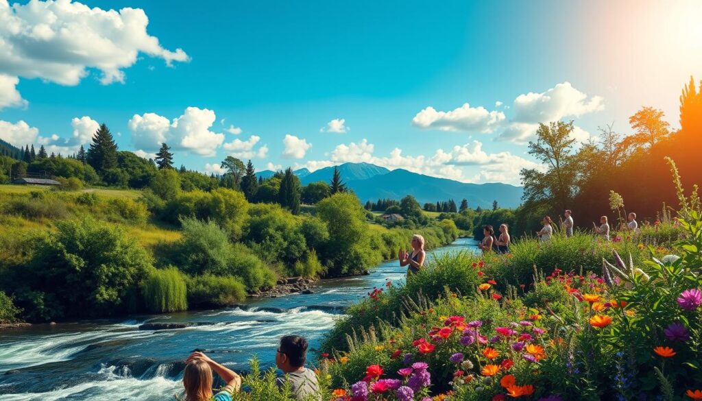 A serene natural landscape with lush greenery, a flowing river, and a bright blue sky with fluffy clouds. In the foreground, a group of people engaged in various mindfulness and wellness activities like yoga, meditation, and deep breathing, radiating a sense of inner peace and rejuvenation. The middle ground features a vibrant garden filled with colorful flowers and herbs, symbolizing the blossoming of mental and physical health. The background showcases a distant mountain range, evoking a feeling of expansiveness and connection to the natural world. The lighting is soft and diffused, creating a warm, inviting atmosphere. The overall composition conveys the harmony between the mind and body, and the restorative power of positive thinking.