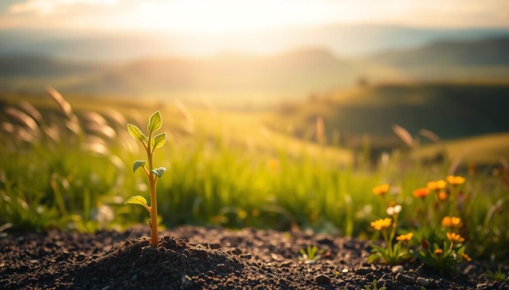 A serene nature scene, bathed in warm, diffuse sunlight. In the foreground, a young sapling sprouts from the earth, its tender leaves reaching skyward with a sense of hopeful optimism. The middle ground features a lush, verdant landscape, with swaying grasses and vibrant wildflowers, symbolizing personal growth and transformation. In the background, rolling hills and a distant horizon line create a sense of boundless potential. The overall atmosphere is one of tranquility, renewal, and the unwavering belief in one's ability to evolve and thrive.