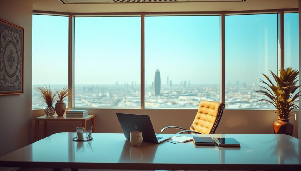 A serene office setting in Saudi Arabia, bathed in warm, natural lighting. A clean, minimalist desk with a laptop, coffee mug, and a few carefully placed office supplies. In the foreground, a person sits at the desk, intently focused on their work, embodying productive efficiency. The middle ground features subtle Saudi-inspired decor, such as intricate patterns or traditional elements, creating a sense of cultural context. The background showcases a panoramic view of the city skyline, hinting at the vibrant professional environment. The overall atmosphere is one of calm, focused productivity, exemplifying successful strategies for enhanced workplace performance in the Saudi Arabian context.