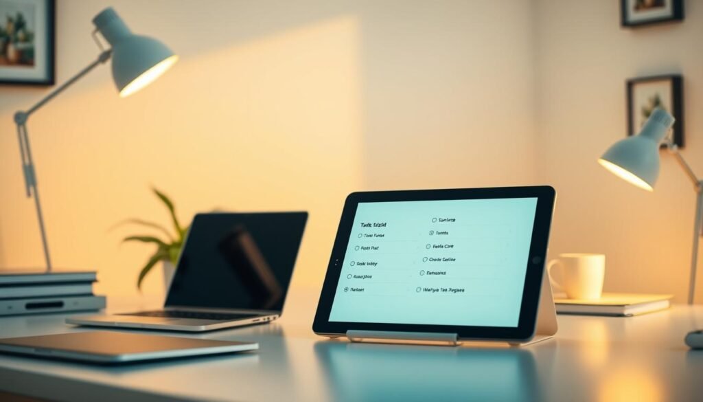 A serene office setting with a minimalist desk, a laptop, and a to-do list on a digital tablet. Warm, diffused lighting casts a natural glow, highlighting the task manager interface on the screen. The layout is clean and organized, reflecting the concepts of effective time management. A potted plant and a simple wall decor add a touch of life and tranquility to the scene. The overall atmosphere is one of focus, productivity, and a sense of control over the day's activities.