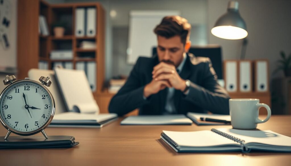 A serene office space with a well-organized desk, featuring a sleek analog clock, a planner, and a cup of coffee. The lighting is soft and warm, creating a focused yet calming atmosphere. In the middle ground, a person sits at the desk, deep in thought, their hands clasped as they contemplate their daily tasks. The background is blurred, hinting at the pressures and deadlines that surround them, but the subject remains centered and in control. This image conveys the idea of time management as a key aspect of self-discipline, helping the individual maintain focus and productivity amidst the demands of the day.