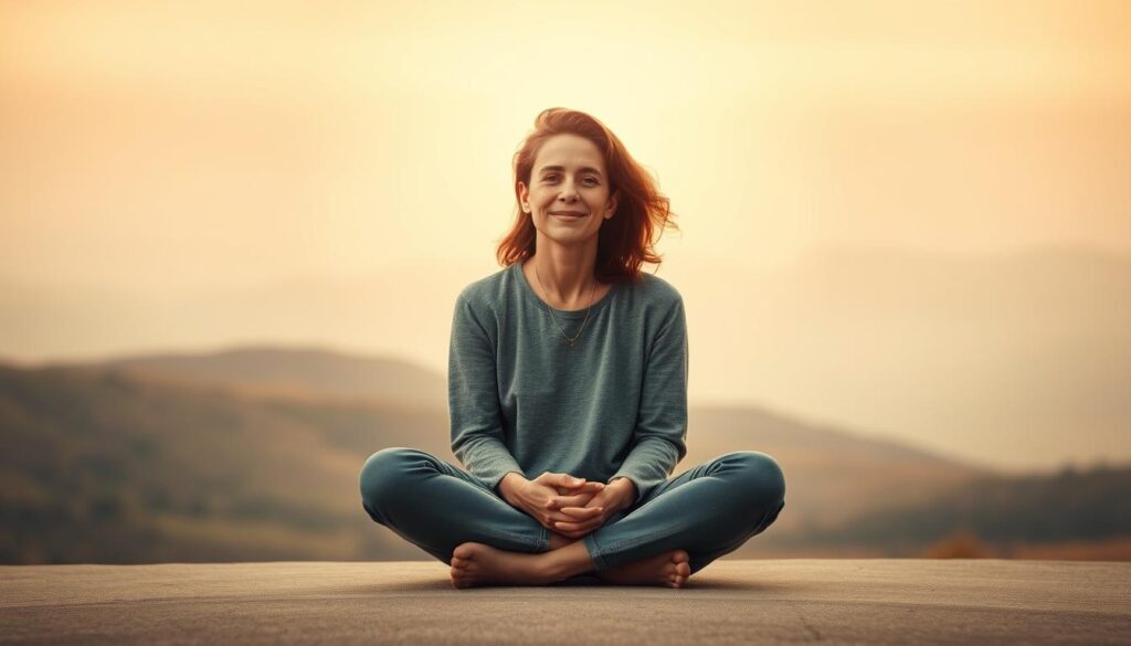 A serene, pensive person sitting cross-legged, radiating self-compassion and kindness. Their expression is thoughtful, with a slight smile, surrounded by a halo of warm, soft lighting. In the background, an abstract landscape of gentle hills and muted colors, evoking a sense of calm and introspection. The overall mood is one of introspection, self-acceptance, and the power of self-compassion to overcome the challenges of procrastination.