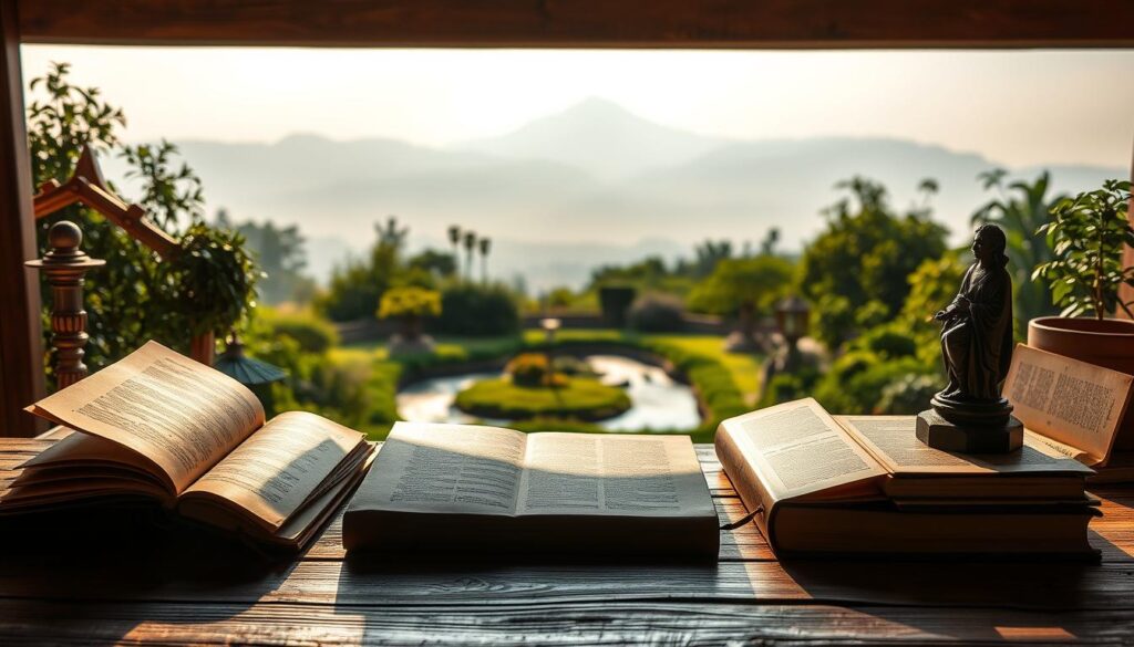 A serene, philosophical landscape. In the foreground, tomes of wisdom and icons representing key philosophies like Stoicism, Existentialism, and Humanism, meticulously arranged on a wooden table. Soft, warm lighting illuminates the scene, casting gentle shadows. The middle ground features a tranquil garden, with lush vegetation and a flowing stream, symbolizing personal growth and reflection. In the distance, a mountainous horizon, hazy and ethereal, suggests the boundless possibilities of self-actualization. An atmosphere of contemplation and inner exploration pervades the composition.