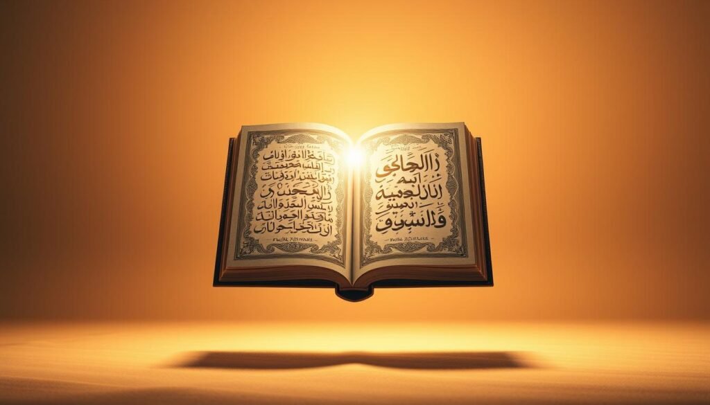 A serene, radiant book cover of "قوة الآن" floating in a tranquil, minimalist setting. The book's intricate Arabic calligraphy shines, reflecting the power of present-moment awareness. Soft, warm lighting bathes the scene, creating a sense of inner peace and contemplation. The background is a muted, earthy palette, allowing the book to take center stage. The composition is balanced, with negative space emphasizing the book's meditative essence. The overall atmosphere evokes a feeling of deep, transformative self-discovery through mindfulness.