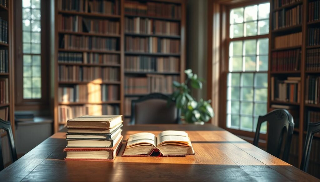 A serene study room, with a large, antique oak desk taking center stage. A stack of leather-bound books sits atop the desk, casting warm, soft lighting across the scene. In the background, a towering bookshelf filled with volumes on personal growth and self-improvement creates a sense of intellectual depth. Through a window, a tranquil garden can be seen, hinting at the calming, contemplative nature of the space. The overall mood is one of quiet introspection and focused learning, reflecting the transformative power of "The 7 Habits of Highly Effective People" by Stephen R. Covey.