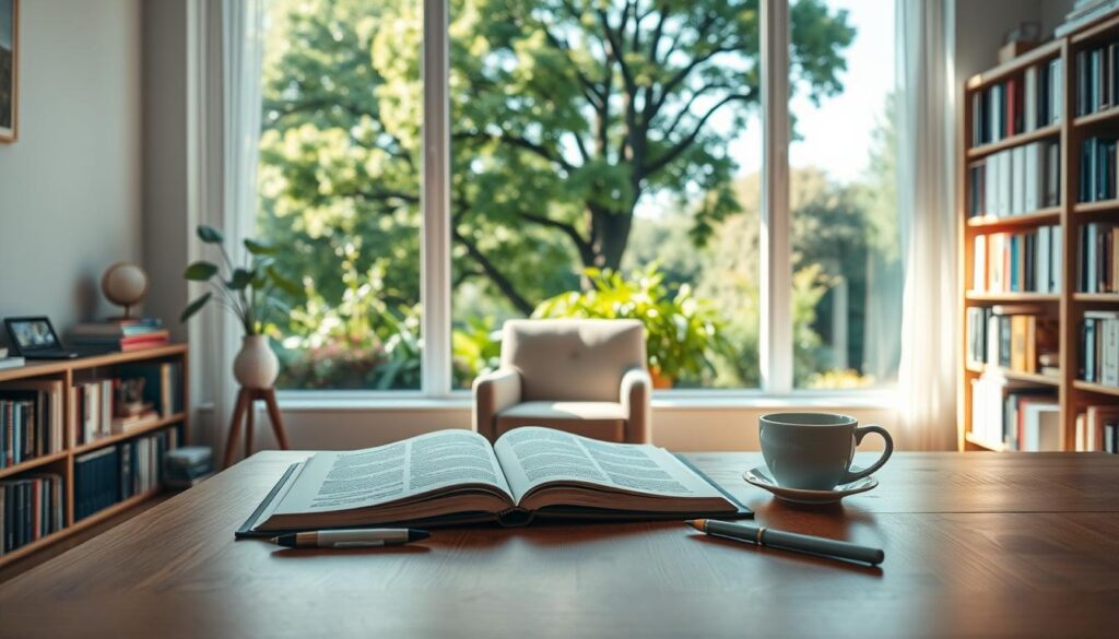 A serene study room with a large window overlooking a lush garden. In the foreground, a wooden desk with an open psychology textbook, a pen, and a cup of coffee. Soft, diffused natural light illuminates the scene, creating a peaceful, contemplative atmosphere. In the middle ground, a comfortable armchair and a bookshelf filled with titles on personal growth and self-improvement. The background features verdant trees and a clear sky, evoking a sense of tranquility and inner exploration. The overall composition suggests a space dedicated to the pursuit of psychological understanding and personal development.