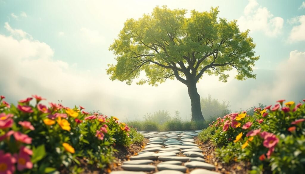 A serene, sun-dappled garden with a flourishing tree as the focal point. The tree's branches reach skyward, its leaves a vibrant, verdant green, symbolizing growth and potential. In the foreground, a path of smooth stones winds between lush, blooming flowers in hues of pink, yellow, and purple, inviting the viewer to journey inward. The background is hazy, with soft, diffused light filtering through wispy clouds, creating an atmosphere of tranquility and inspiration. The overall scene conveys a sense of openness, possibility, and the transformative power of a "growth mindset."