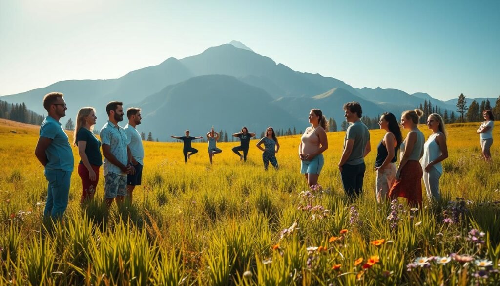 A serene, sun-dappled meadow with lush, verdant grass and vibrant wildflowers. In the foreground, a group of people stand in a circle, their faces expressing confidence and self-assurance. They hold their heads high, their body language open and relaxed. In the middle ground, a few individuals practice yoga or meditation, their movements graceful and purposeful. In the background, a picturesque mountain range rises, its peaks bathed in golden light. The scene radiates a sense of tranquility, inner peace, and empowerment, capturing the essence of self-confidence and well-being.