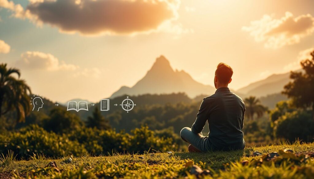 A serene, sun-dappled scene depicting the steps to develop a growth mindset. In the foreground, a person sits cross-legged, deep in contemplation, their expression one of quiet determination. The middle ground showcases a lush, verdant landscape, with symbolic icons representing the key aspects of growth mindset development, such as a book, a compass, and a climbing vine. In the background, a towering mountain range stands tall, its peaks illuminated by warm, golden light, conveying a sense of ambitious potential. The overall mood is one of introspection, progress, and a journey towards self-improvement, captured through a cinematic, slightly desaturated color palette and a soft, dreamlike atmosphere.
