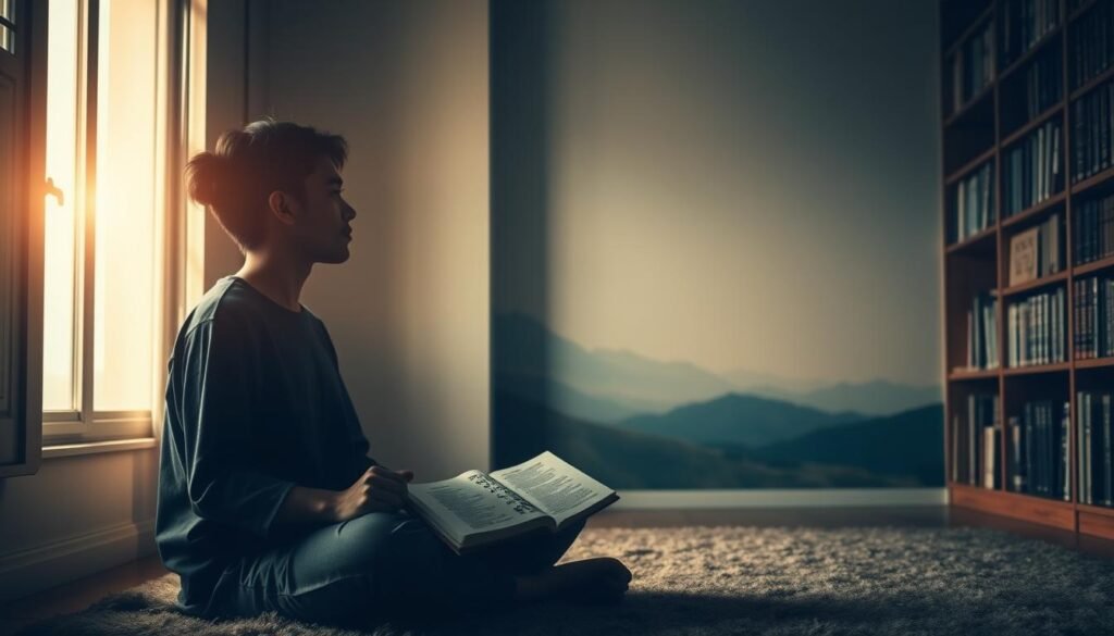 A serene, thoughtful scene depicting the journey of learning a new language. In the foreground, a person sits cross-legged, their gaze fixed intently on a book with foreign script. Soft, diffuse lighting filters through an open window, casting a warm glow on the scene. In the middle ground, bookshelves line the walls, filled with tomes in various scripts and languages, symbolizing the wealth of knowledge to be explored. The background features a dreamy, abstract landscape, hinting at the boundless possibilities that come with expanding one's linguistic horizons. The overall mood is one of quiet contemplation and intellectual curiosity.