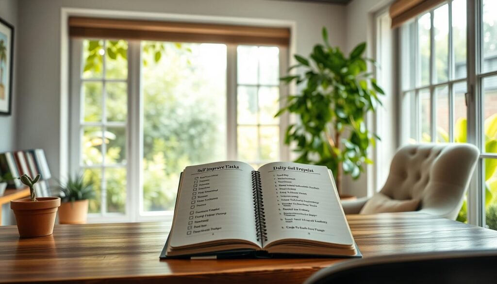 A serene, well-lit home office with a wooden desk, a potted plant, and a cozy armchair in the foreground. In the middle ground, an open notebook displaying a checklist of daily self-improvement tasks, such as exercise, meditation, and goal-setting. The background features a large window overlooking a lush, verdant garden, creating a sense of tranquility and growth. The overall atmosphere conveys a mindful, introspective mood, encouraging the viewer to focus on practical steps for personal development and betterment.