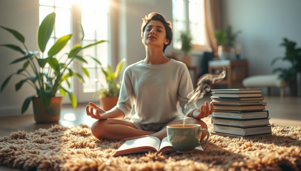 A serene, well-lit indoor scene depicting the concept of "Positive Thinking" or "التفكير الإيجابي". In the foreground, a person sits cross-legged on a plush, earthy-toned rug, their eyes closed in meditation. Sunlight streams through a large window, casting a warm glow on their face. Lush, verdant plants surround them, symbolizing growth and vitality. In the middle ground, a stack of books and a steaming cup of tea suggest an atmosphere of introspection and intellectual nourishment. The background is a softly blurred, calming interior, hinting at a space conducive to personal development and self-exploration. The overall mood is one of serenity, focus, and the empowering potential of a positive mindset.