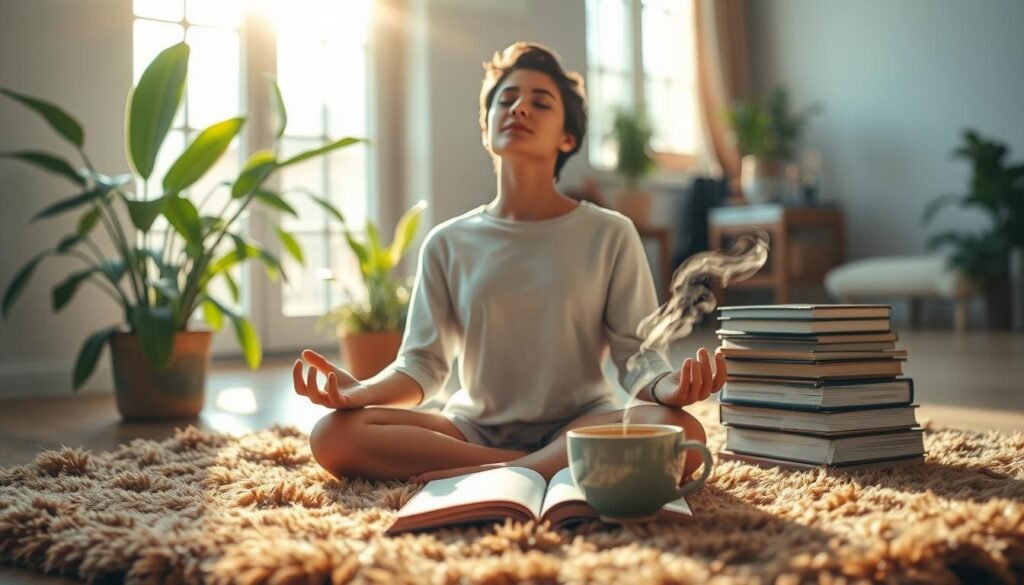 A serene, well-lit indoor scene depicting the concept of "Positive Thinking" or "التفكير الإيجابي". In the foreground, a person sits cross-legged on a plush, earthy-toned rug, their eyes closed in meditation. Sunlight streams through a large window, casting a warm glow on their face. Lush, verdant plants surround them, symbolizing growth and vitality. In the middle ground, a stack of books and a steaming cup of tea suggest an atmosphere of introspection and intellectual nourishment. The background is a softly blurred, calming interior, hinting at a space conducive to personal development and self-exploration. The overall mood is one of serenity, focus, and the empowering potential of a positive mindset. A serene, well-lit indoor scene depicting the concept of "Positive Thinking" or "التفكير الإيجابي". In the foreground, a person sits cross-legged on a plush, earthy-toned rug, their eyes closed in meditation. Sunlight streams through a large window, casting a warm glow on their face. Lush, verdant plants surround them, symbolizing growth and vitality. In the middle ground, a stack of books and a steaming cup of tea suggest an atmosphere of introspection and intellectual nourishment. The background is a softly blurred, calming interior, hinting at a space conducive to personal development and self-exploration. The overall mood is one of serenity, focus, and the empowering potential of a positive mindset.